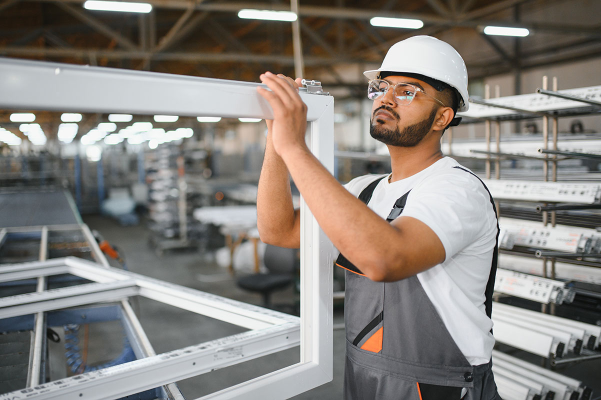 Portrait Indian male staff worker engineer supervisor in safety suit work in factory warehouse.